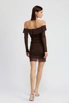 Sultry Sway Off-Shoulder Ruffle Dress- Chocolate Brown-Avah