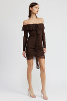 Sultry Sway Off-Shoulder Ruffle Dress- Chocolate Brown-Avah