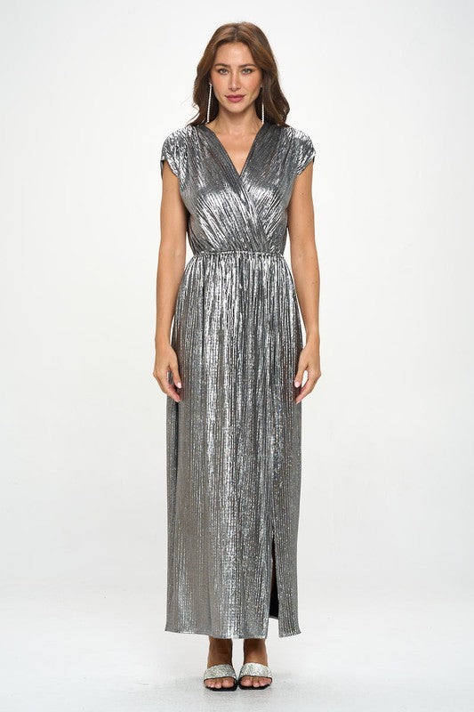 AVAH-Radiant Shimmer Metallic Silver Pleated Maxi Dress