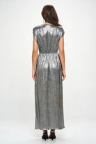 AVAH-Radiant Shimmer Metallic Silver Pleated Maxi Dress