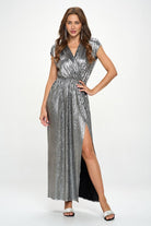 AVAH-Radiant Shimmer Metallic Silver Pleated Maxi Dress