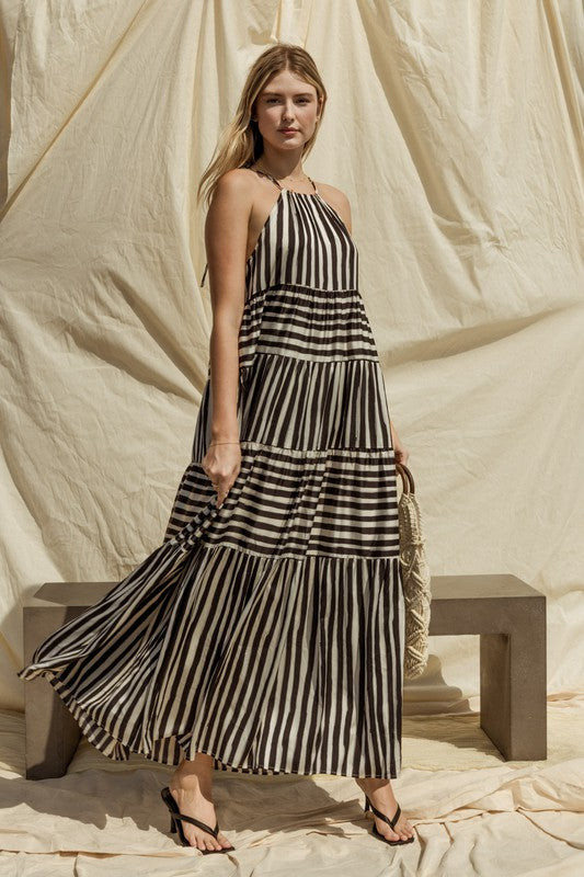 AVAH-Maxine Striped Maxi Dress-White and Black Stripe