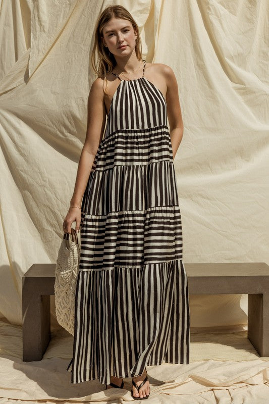 AVAH-Maxine Striped Maxi Dress-White and Black Stripe