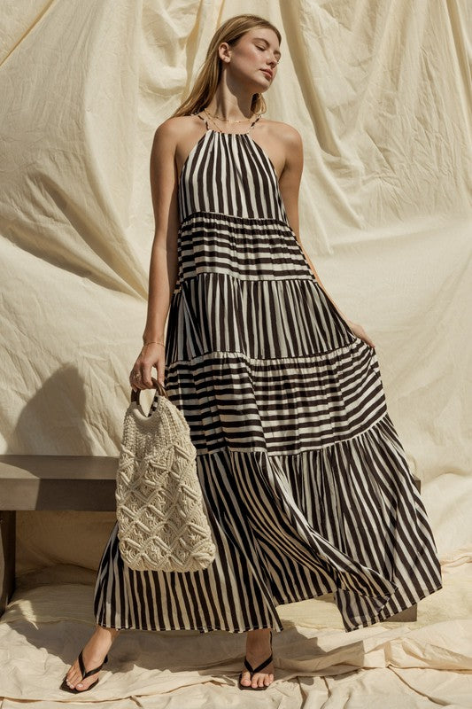 AVAH-Maxine Striped Maxi Dress-White and Black Stripe