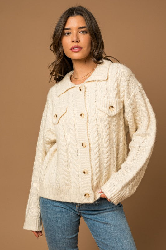 Radiant Collared Knit Cardigan-White-Avah