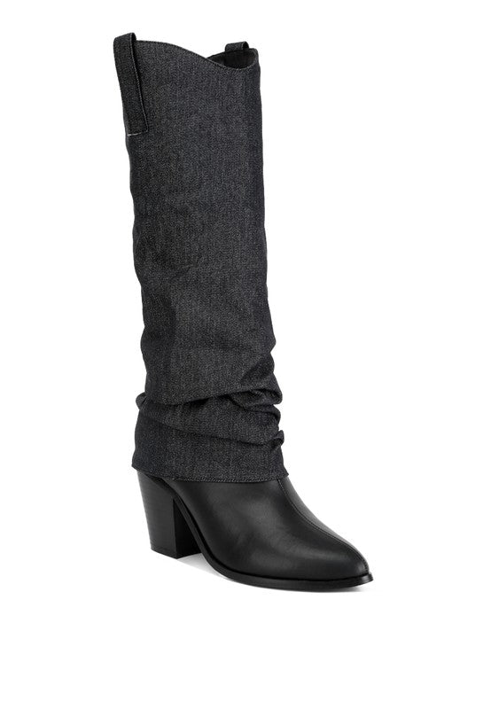 Denim Dreamer Cowboy Boots With Denim Sleeve-Black-Avah