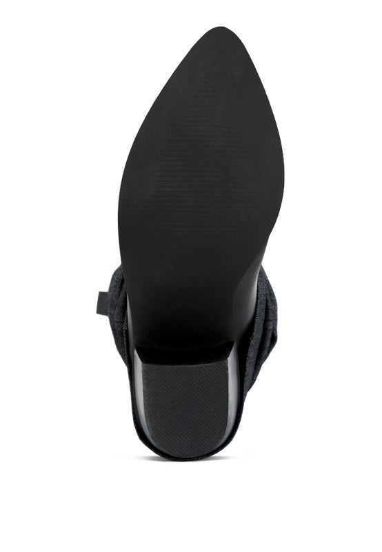 Denim Dreamer Cowboy Boots With Denim Sleeve-Black-Avah