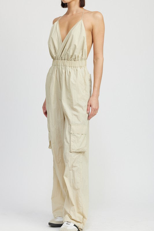 AVAH-Kaia Belle Open Back Cargo Jumpsuit-Taupe