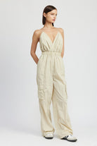 AVAH-Kaia Belle Open Back Cargo Jumpsuit-Taupe