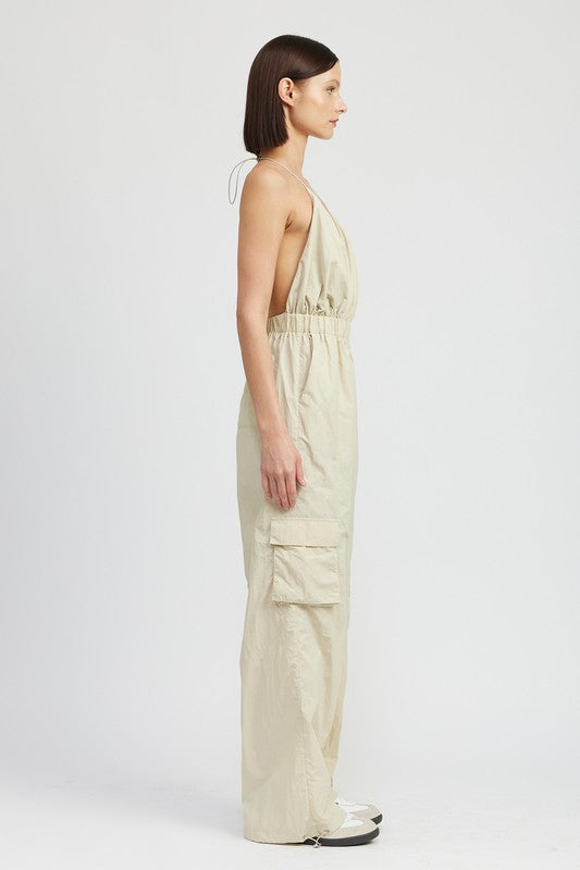 AVAH-Kaia Belle Open Back Cargo Jumpsuit-Taupe