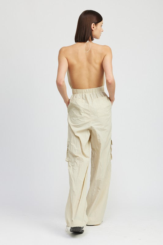 AVAH-Kaia Belle Open Back Cargo Jumpsuit-Taupe