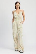 AVAH-Kaia Belle Open Back Cargo Jumpsuit-Taupe