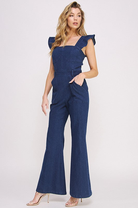 AVAH-Lily Sweetheart Neck Ruffle Sleeve Denim Jumpsuit-Blue