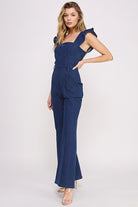 AVAH-Lily Sweetheart Neck Ruffle Sleeve Denim Jumpsuit-Blue