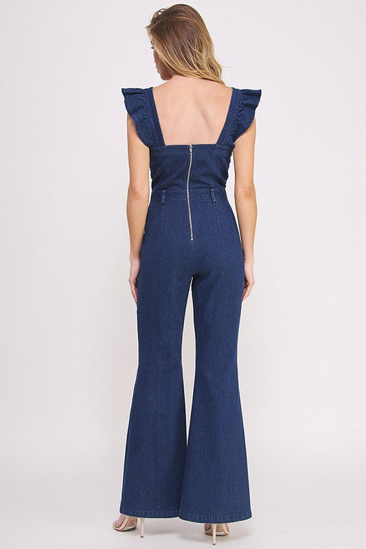 AVAH-Lily Sweetheart Neck Ruffle Sleeve Denim Jumpsuit-Blue