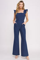 AVAH-Lily Sweetheart Neck Ruffle Sleeve Denim Jumpsuit-Blue