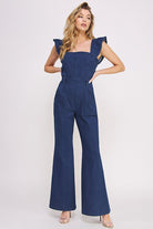 AVAH-Lily Sweetheart Neck Ruffle Sleeve Denim Jumpsuit-Blue