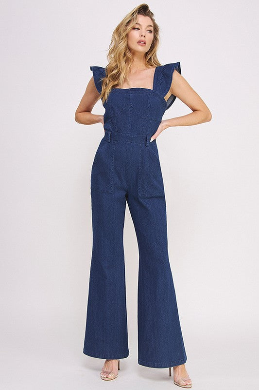 AVAH-Lily Sweetheart Neck Ruffle Sleeve Denim Jumpsuit-Blue