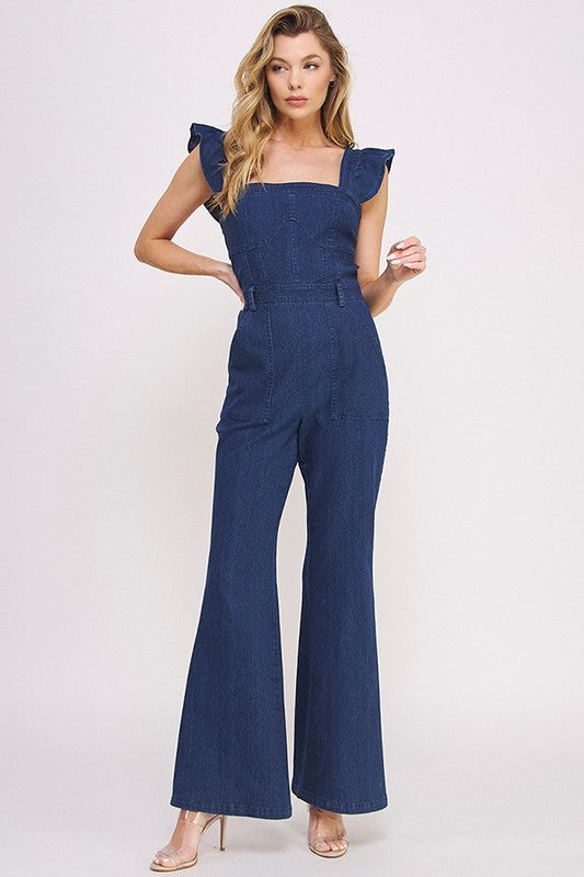 AVAH-Lily Sweetheart Neck Ruffle Sleeve Denim Jumpsuit-Blue