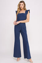 AVAH-Lily Sweetheart Neck Ruffle Sleeve Denim Jumpsuit-Blue