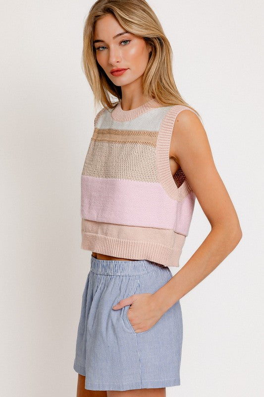 AVAH-Peachy Keen Striped Sweater Vest-Peach Multi