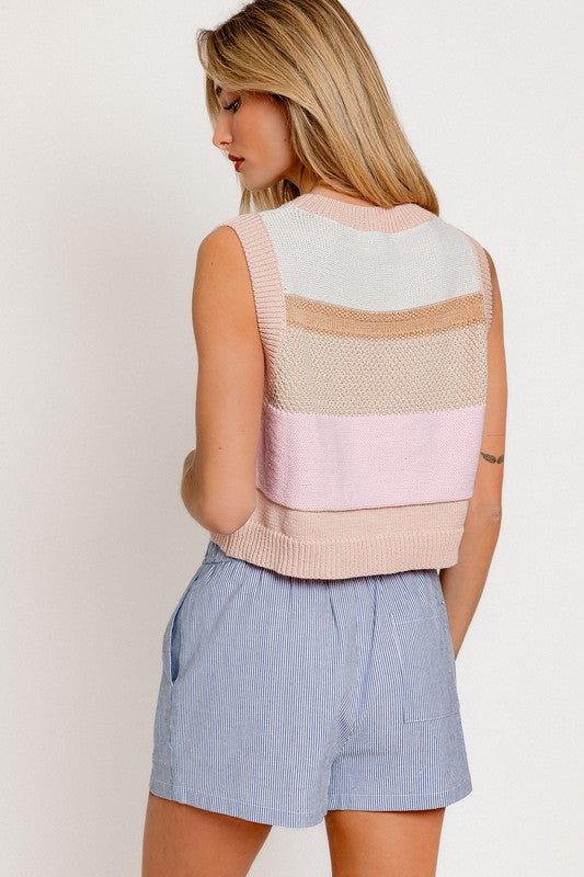 AVAH-Peachy Keen Striped Sweater Vest-Peach Multi