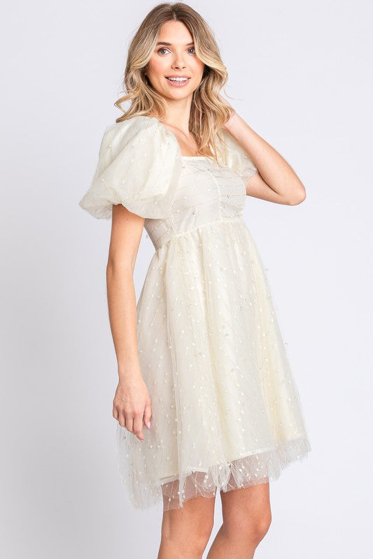 AVAH-Romantic Square Neck Puff Sleeve Babydoll Dress-Cream with Mesh and Pearl