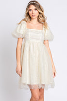 AVAH-Romantic Square Neck Puff Sleeve Babydoll Dress-Cream with Mesh and Pearl