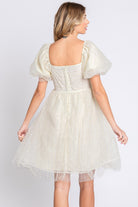 AVAH-Romantic Square Neck Puff Sleeve Babydoll Dress-Cream with Mesh and Pearl