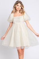 AVAH-Romantic Square Neck Puff Sleeve Babydoll Dress-Cream with Mesh and Pearl