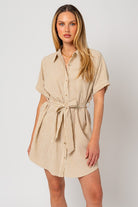 AVAH-Timeless Tides Striped Shirt Dress-Cream and Taupe Stripes