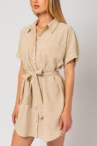 AVAH-Timeless Tides Striped Shirt Dress-Cream and Taupe Stripes