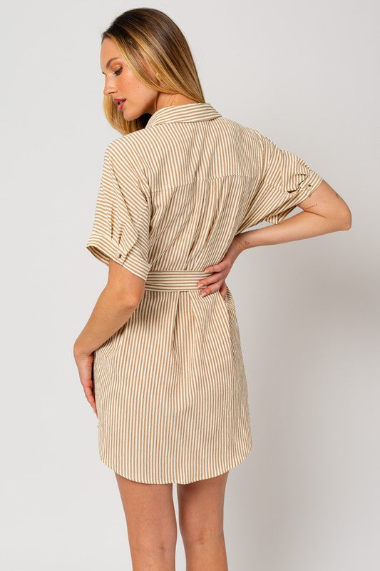 AVAH-Timeless Tides Striped Shirt Dress-Cream and Taupe Stripes