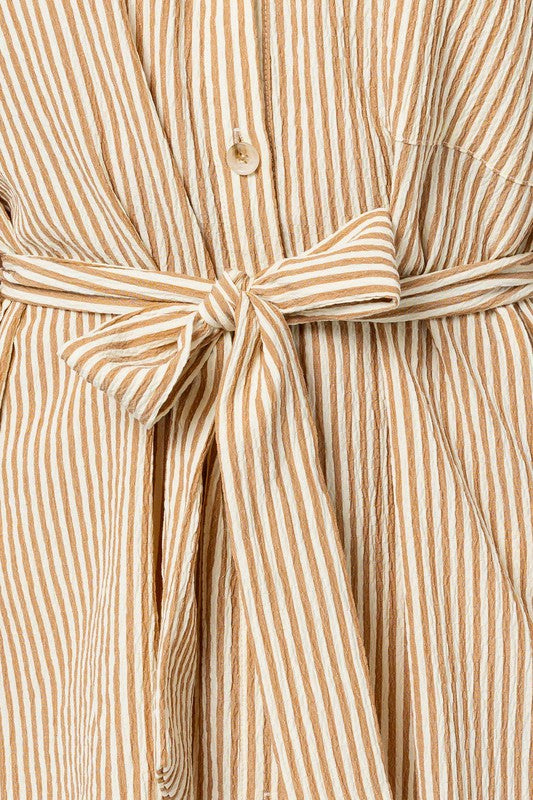 AVAH-Timeless Tides Striped Shirt Dress-Cream and Taupe Stripes