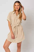 AVAH-Timeless Tides Striped Shirt Dress-Cream and Taupe Stripes