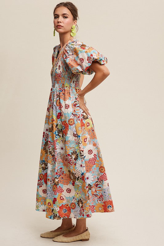 AVAH Center Stage Puff Sleeve Floral Maxi Dress-Aqua