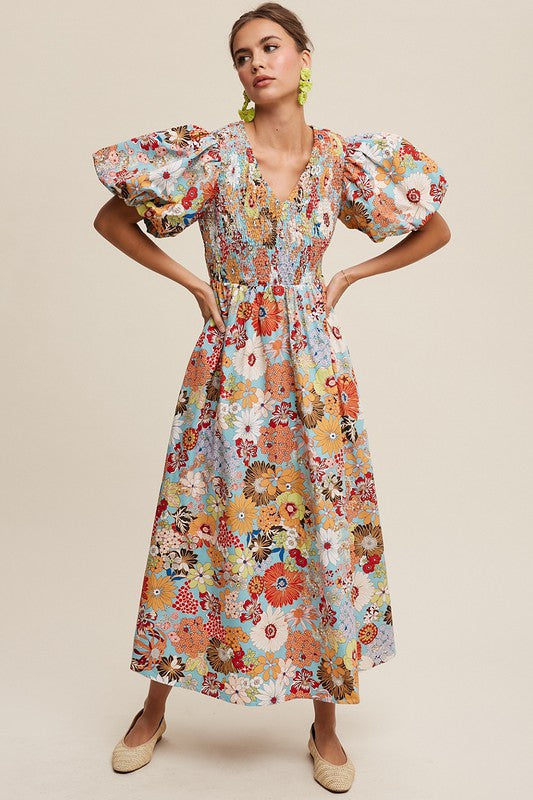 AVAH Center Stage Puff Sleeve Floral Maxi Dress-Aqua