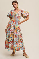 AVAH Center Stage Puff Sleeve Floral Maxi Dress-Aqua