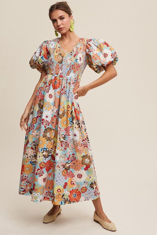 AVAH Center Stage Puff Sleeve Floral Maxi Dress-Aqua