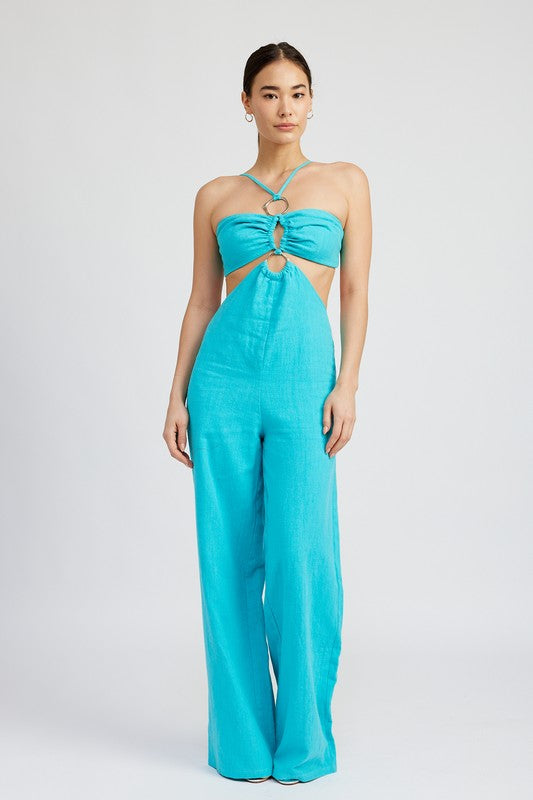 Front view of turquoise cutout halter jumpsuit with gold ring accents-AVAH