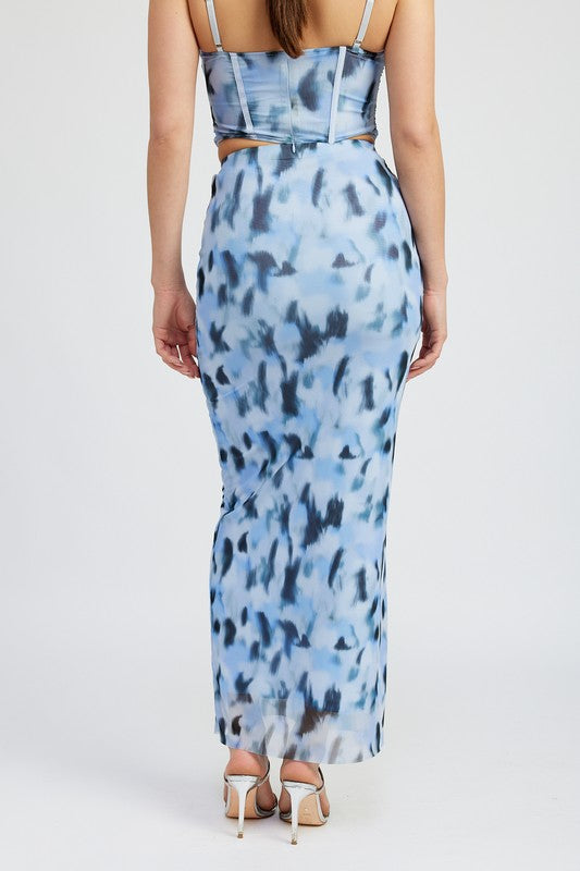 AVAH-Mystic Blue Tie-Dye Mesh Maxi Skirt-Blue