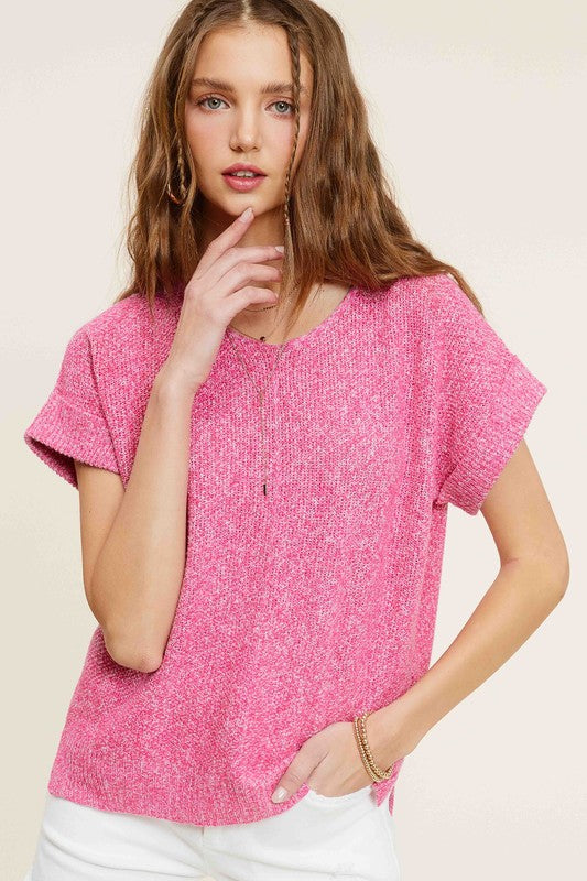 AVAH-Pure Ease V-Neck Short Sleeve Sweater-Pink