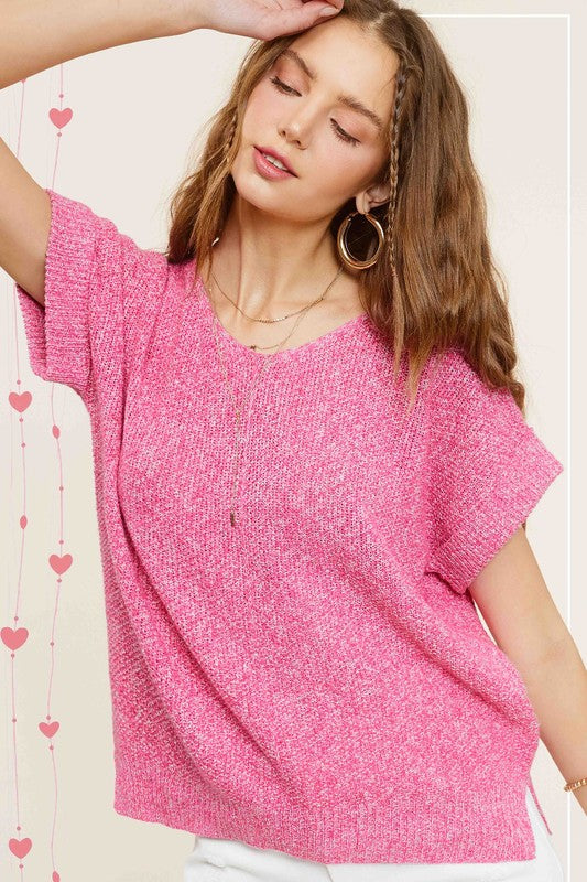 AVAH-Pure Ease V-Neck Short Sleeve Sweater-Pink