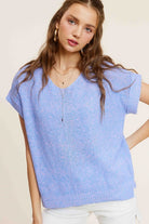 AVAH-Pure Ease V-Neck Short Sleeve Sweater-Blue