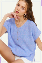 AVAH-Pure Ease V-Neck Short Sleeve Sweater-Blue