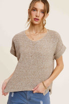 AVAH-Pure Ease V-Neck Short Sleeve Sweater-Taupe