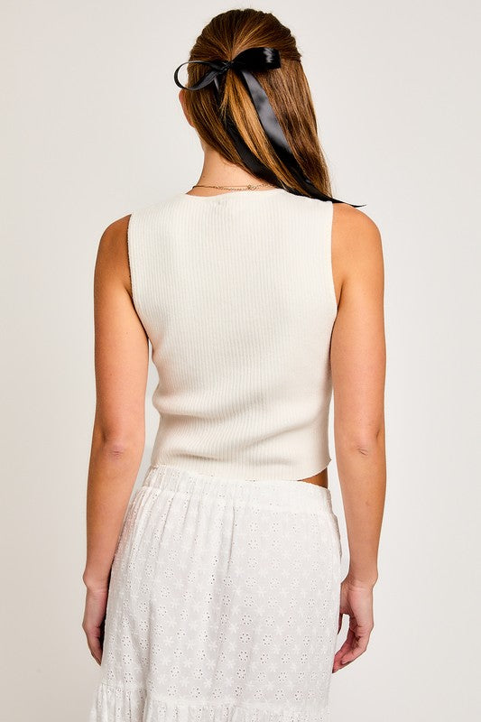 AVAH-Bow Tie Beauty Sleeveless Cropped Top-Cream