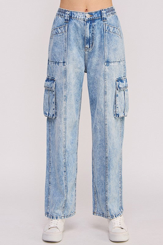 Light blue denim cargo pants on a white background