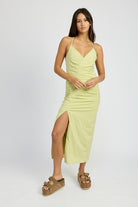 AVAH-Lime Light Ruched Maxi Dress, Sleeveless-Green