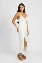 AVAH-Lime Light Ruched Maxi Dress, Sleeveless-White